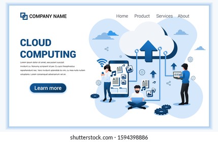 Cloud Computing concept with characters. Can use for web banner, landing page, web design template. Flat vector illustration