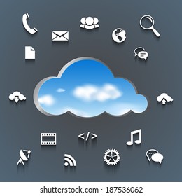 Cloud computing concept: Cloud and communication and network flat design icons on blue background. Vector illustration
