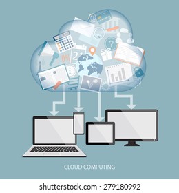 Cloud computing concept with computer, laptop, tablet and mobile phone. Vector illustration. EPS 10.