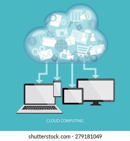 Cloud computing concept with computer, laptop, tablet and mobile phone. Vector illustration. EPS 10.