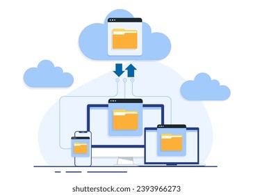 Cloud computing concept with computer monitor, laptop, and smartphone devices on the processing of upload and download information and data, Cloud storage or service data transfer flat illustration - Powered by Shutterstock - Get 15% off with code: PIKWIZARD15