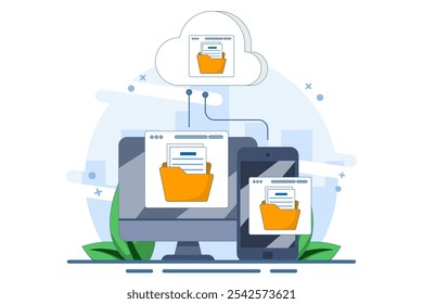 Cloud computing concept with computer monitor, laptop and smart phone device in processing information and uploading and downloading data, cloud service data storage or transfer. flat illustration.
