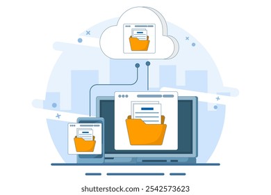Cloud computing concept with computer monitor, laptop and smart phone device in processing information and uploading and downloading data, cloud service data storage or transfer. flat illustration.