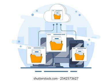 Cloud computing concept with computer monitor, laptop and smart phone device in processing information and uploading and downloading data, cloud service data storage or transfer. flat illustration.