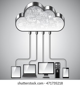 Cloud computing concept with computer, smartphone and tablet vector background