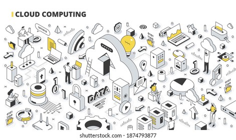 Cloud computing concept. Computer systems, data storage available to many users via the internet. Isometric line art illustration