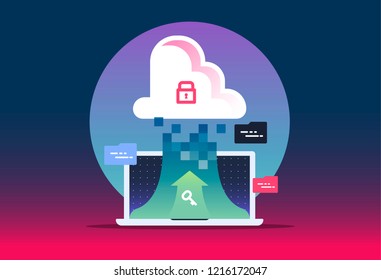 Cloud computing concept - connect devices to cloud. illustration for website with laptop on gradient background. Design for Landing Page.