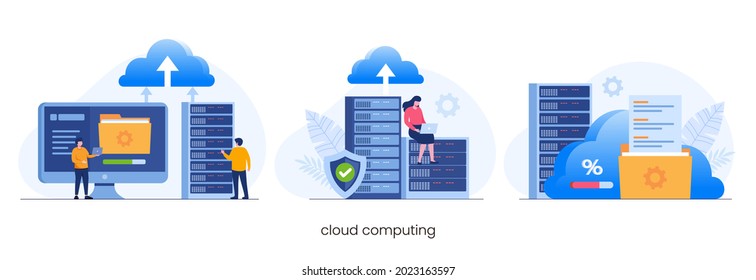 Cloud Computing Concept, Data Center, File Management, Cloud Storage Flat Illustration Vector