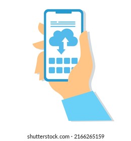 cloud computing concept, data center, file management, cloud storage. hand holding phone flat illustration vector