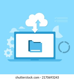 cloud computing concept, data center, file management, cloud storage flat illustration vector on blue background
