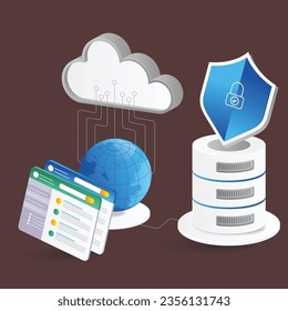 Cloud computing concept. Data center, cloud storage, server and shield. Isolated vector illustration
