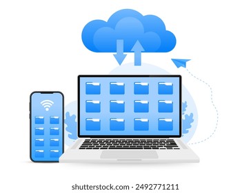 Cloud computing concept, data center, file management. Cloud storage. Upload and download data, file management. Vector illustration