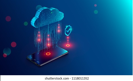 Cloud Computing Concept. Data protected exchange on smart phone or other mobile device and online storage. Cloud Technology illustration.