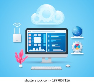 Cloud computing concept. Data protected exchange on computer or other mobile device and online storage. Computer with open programming window and diagram page on screen. Keyboard and mouse. Web vector