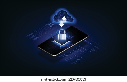 Cloud Computing Concept. Data protected exchange on smart phone or other mobile device and online storage. Cloud Technology illustration.