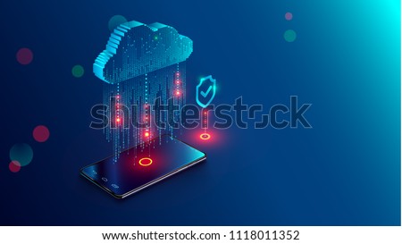 Cloud Computing Concept. Data protected exchange on smart phone or other mobile device and online storage. Cloud Technology illustration.