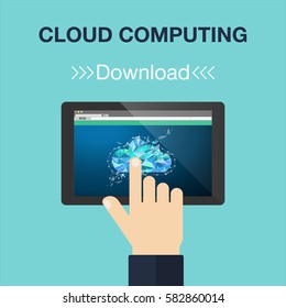 Cloud computing concept. Data storage network technology. Flat style and low poly.