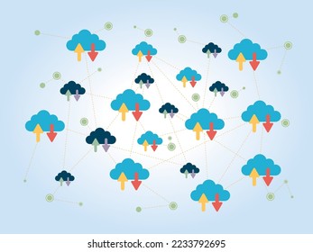 Cloud computing concept, database connection, server database. Flat design vector.