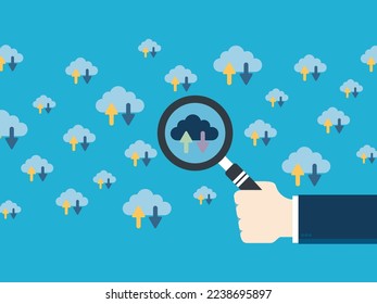 Cloud computing concept, database connection, server database. Flat design vector. Hand with magnifying glass.
