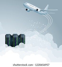 Cloud computing concept design. Aircraft and supercomputers.