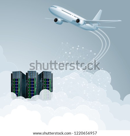 Cloud computing concept design. Aircraft and supercomputers.