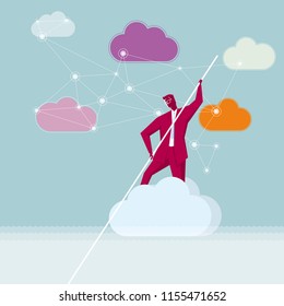 Cloud computing concept design. A businessman is rowing in the clouds.