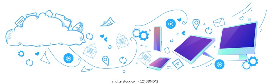 Cloud computing concept design diversity devices connected synchronization network data storage horizontal sketch doodle