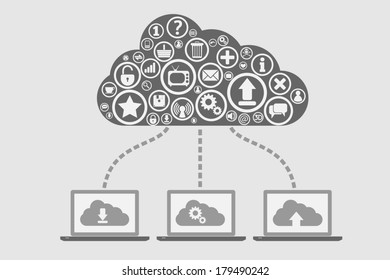 Cloud computing concept design. Laptops connected to the cloud