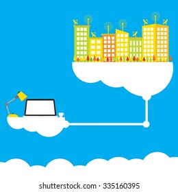 Cloud computing concept design working anywhere anytime modern business information technology infrastructure. Vector illustration flat design.