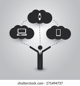 Cloud Computing Concept with Different Devices: Laptop, Tablet, Smart Phone, Smart Watch