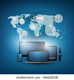 Cloud Computing Concept With Different Devices (Laptop, Smart Phone, Smart Watch, Smart TV)