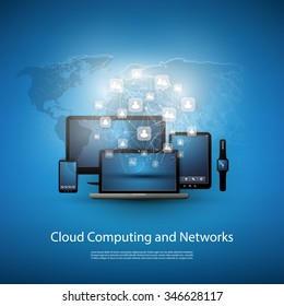 Cloud Computing Concept With Different Devices (Laptop, Smart Phone, Smart Watch, Smart TV)