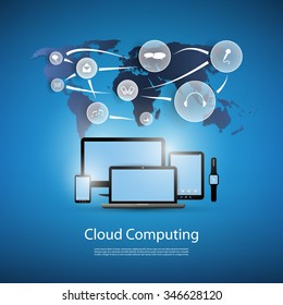 Cloud Computing Concept With Different Devices (Laptop, Smart Phone, Smart Watch, Smart TV)