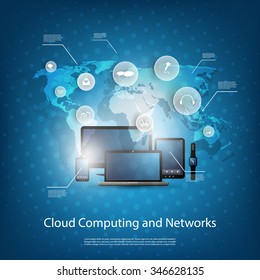 Cloud Computing Concept With Different Devices (Laptop, Smart Phone, Smart Watch, Smart TV)