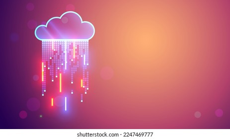 Concepto de computación en nube. El almacenamiento digital de datos en formas icono de nube con lluvia digital consiste en bits cuadrados, líneas de neón. La red informática se conecta con el almacenamiento en la nube o el centro de datos, intercambiando datos.