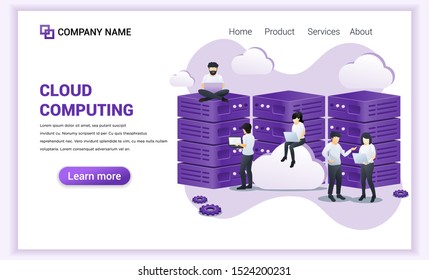 Cloud Computing concept. Digital storage, data center. People working on laptop and giant server. Can used for web banner, landing page, web template. Modern flat vector illustration