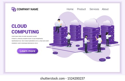 Cloud Computing concept. Digital storage, data center and digital network with people working on laptop and giant server. Can used for web banner, landing page. Modern flat vector illustration