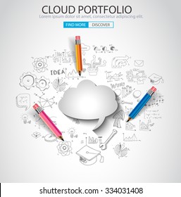 Cloud computing concept with doodle skeches infographics icons. Hand drawn icons of maths, graphs, notes, pencils, mail, and so on.