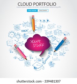 Cloud computing concept with doodle skeches infographics icons. Hand drawn icons of maths, graphs, notes, pencils, mail, and so on.