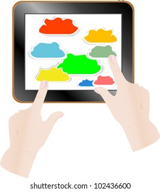 Cloud computing concept. Finger touching cloud on a touch screen. Vector illustration