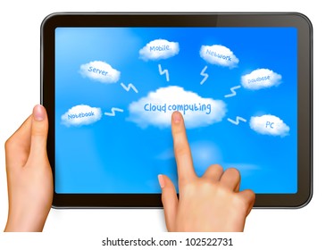 Cloud computing concept. Finger touching cloud on a touch screen. Vector.