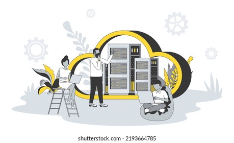 Cloud computing concept in flat design with people. Man and woman using laptops for downloading files from cloud storage, working with database. Vector illustration with character scene for web