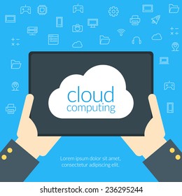 Cloud computing concept in flat design style. Hand of the person with the table pc surrounded by icons