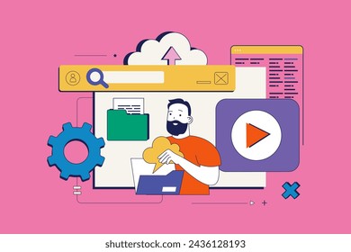 Cloud computing concept in flat neo brutalism design for web. Man using virtual storage for backup, works with hosting and datacenter. Vector illustration for social media banner, marketing material.