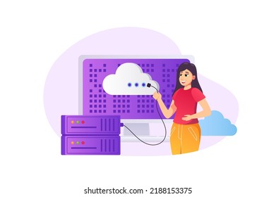 Cloud computing concept in flat style with people scene. Happy woman working with cloud service platform and maintenances hosting connection, data storage at server. Vector illustration for web design