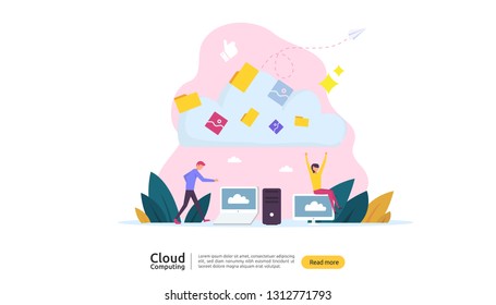 Cloud computing concept. Hosting network service or online database storage system with people character for web landing page template, banner, presentation, social, and print media with flat style