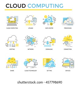 Ícones de conceito de computação em nuvem, linha fina, design plano