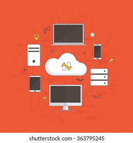 Cloud computing concept with illustration of digital devices connected with cloud.