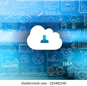 Conceito de computação em nuvem com conjunto de esboços infográficos: design de elementos isolados, formas vetoriais. Ele inclui muitos ícones incluídos gráficos, estatísticas, dispositivos, laptops, nuvens, conceitos e assim por diante.