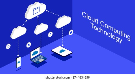 Cloud computing concept isolate on blue background with file and media label. Device and technology using a cloud computing. Vector Panoramic and copy space